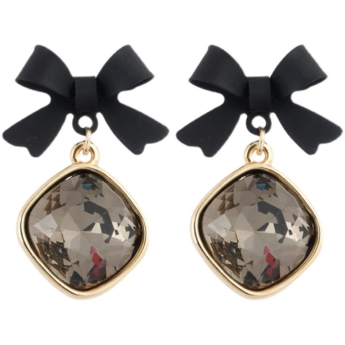 Black Enamel & Crystal Bow Drop Earrings