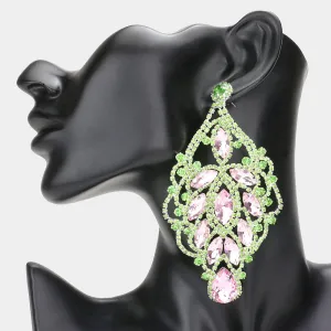 Over Sized Pink & Green Crystal and Rhinestone Statement Earrings |  606371
